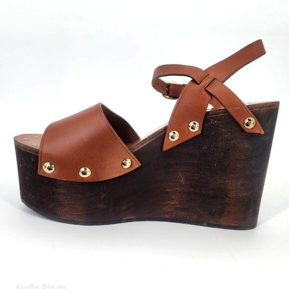 Celine Wooden Platform Wedge Sandals Tan Leather Gold Studs 37 (US 7) - Picture 11 of 17